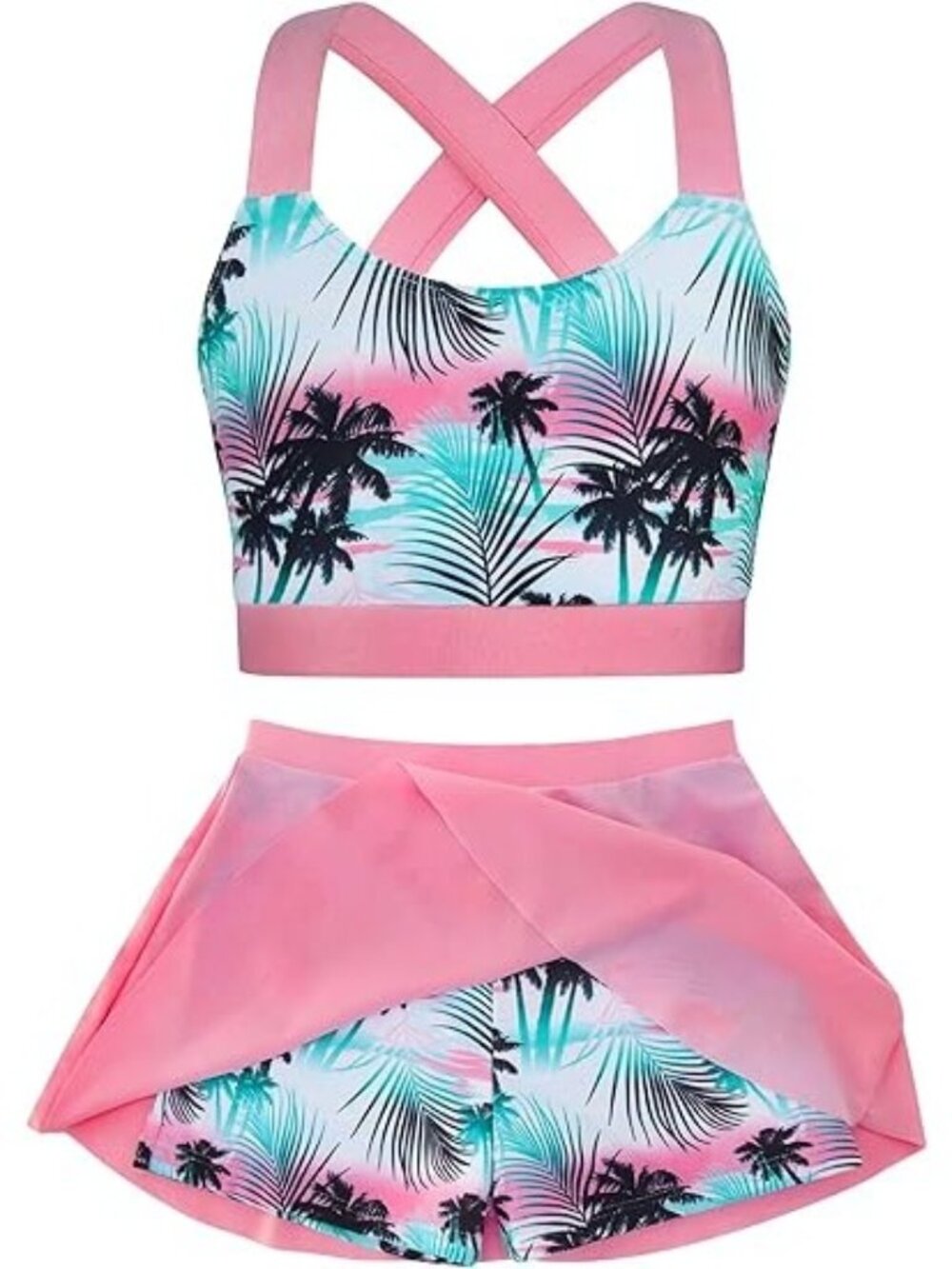 Cutemile Girls Size 12-13 Tankini Skort Set 2-Piece Tropical Pink Racerback Top